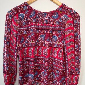Loft, Bright Pink Paisley Long Sleeve Blouse, Size Small Petite